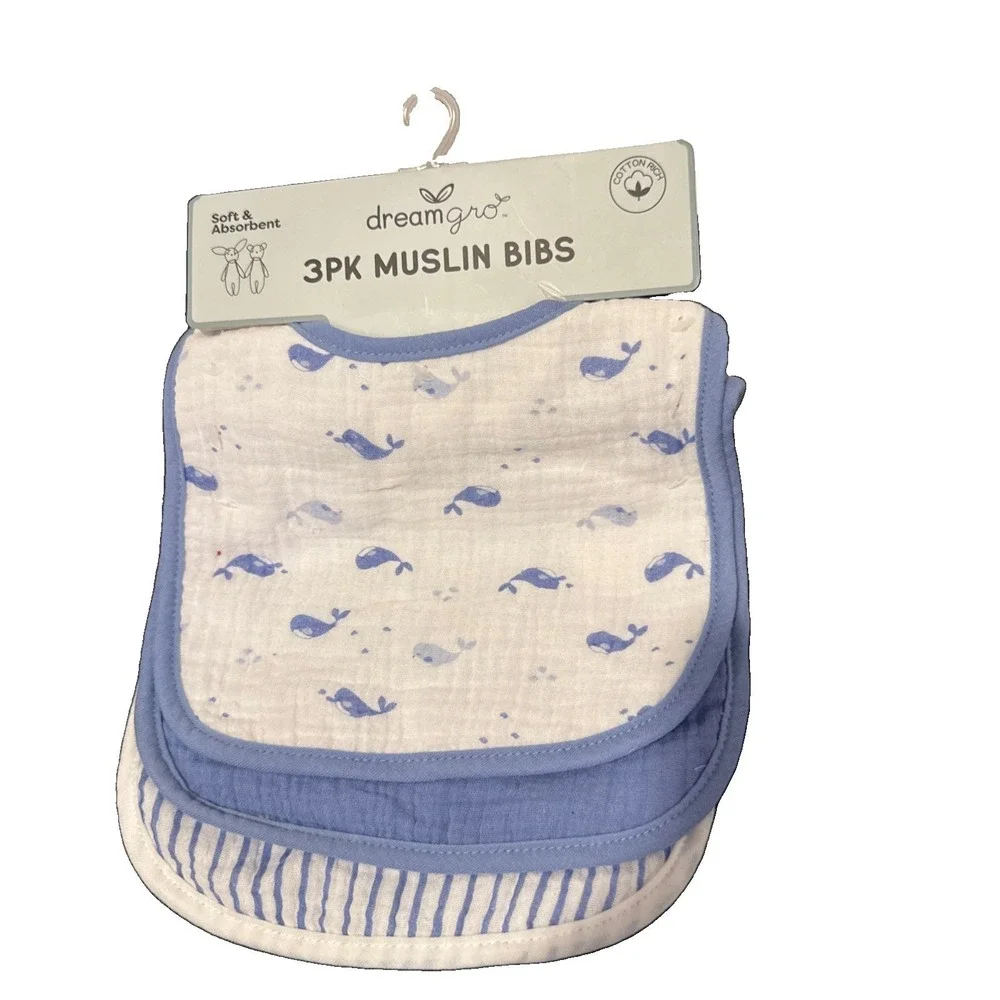 NWT Muslin 3 Pack Nautical Baby Bibs Absorbent Whales Stripes & Solid DreamGro